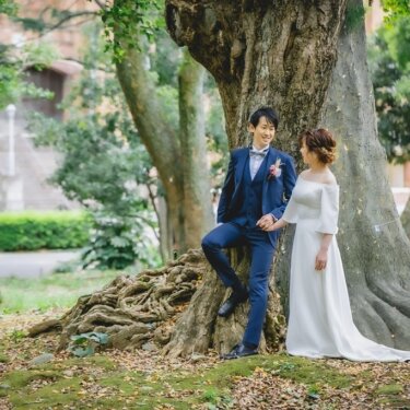 大木の根元で見つめ合うネイビーのスーツの新郎とオフショルダーのウェディングドレスの花嫁。日比谷公園の大木を背景にした洋装前撮り
