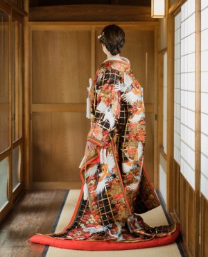 格子柄に花をあしらった色打掛「月霞」の後ろ姿を、障子の並ぶ和室の廊下で写した和装前撮り（衣装番号DS03）