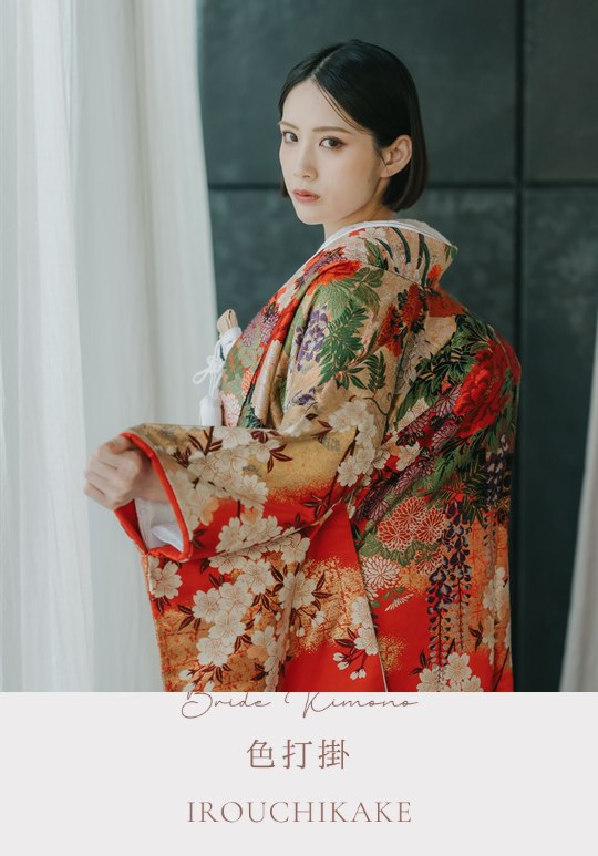 赤地に桜と牡丹を織り出した色打掛を着て振り返る花嫁（色打掛カテゴリー）