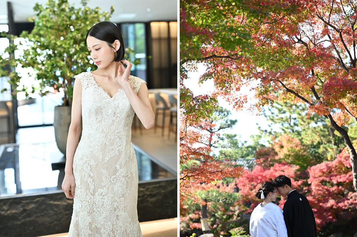 グリーンのあるスタジオで総レースのウェディングドレスを着た花嫁と、紅葉の日本庭園で寄り添う白無垢の花嫁と紋付袴の新郎。スタジオ洋装と紅葉ロケーション和装の前撮り