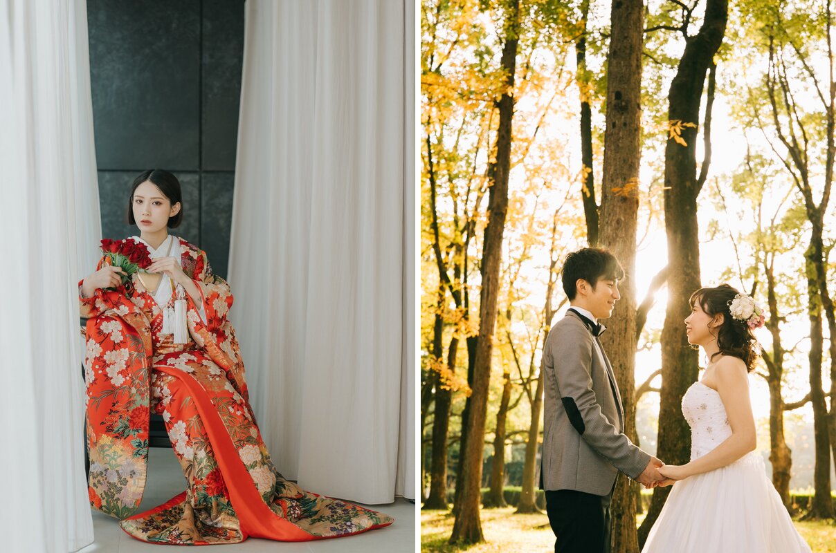 白いカーテンのスタジオで赤い色打掛をまとって座る花嫁と、黄葉の木立で手を取り合う洋装の新郎新婦。スタジオ和装と紅葉ロケーション洋装の前撮り